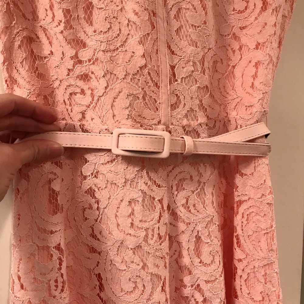Cap sleeve pink lace fit and flare midi dress - Picture 3 of 6